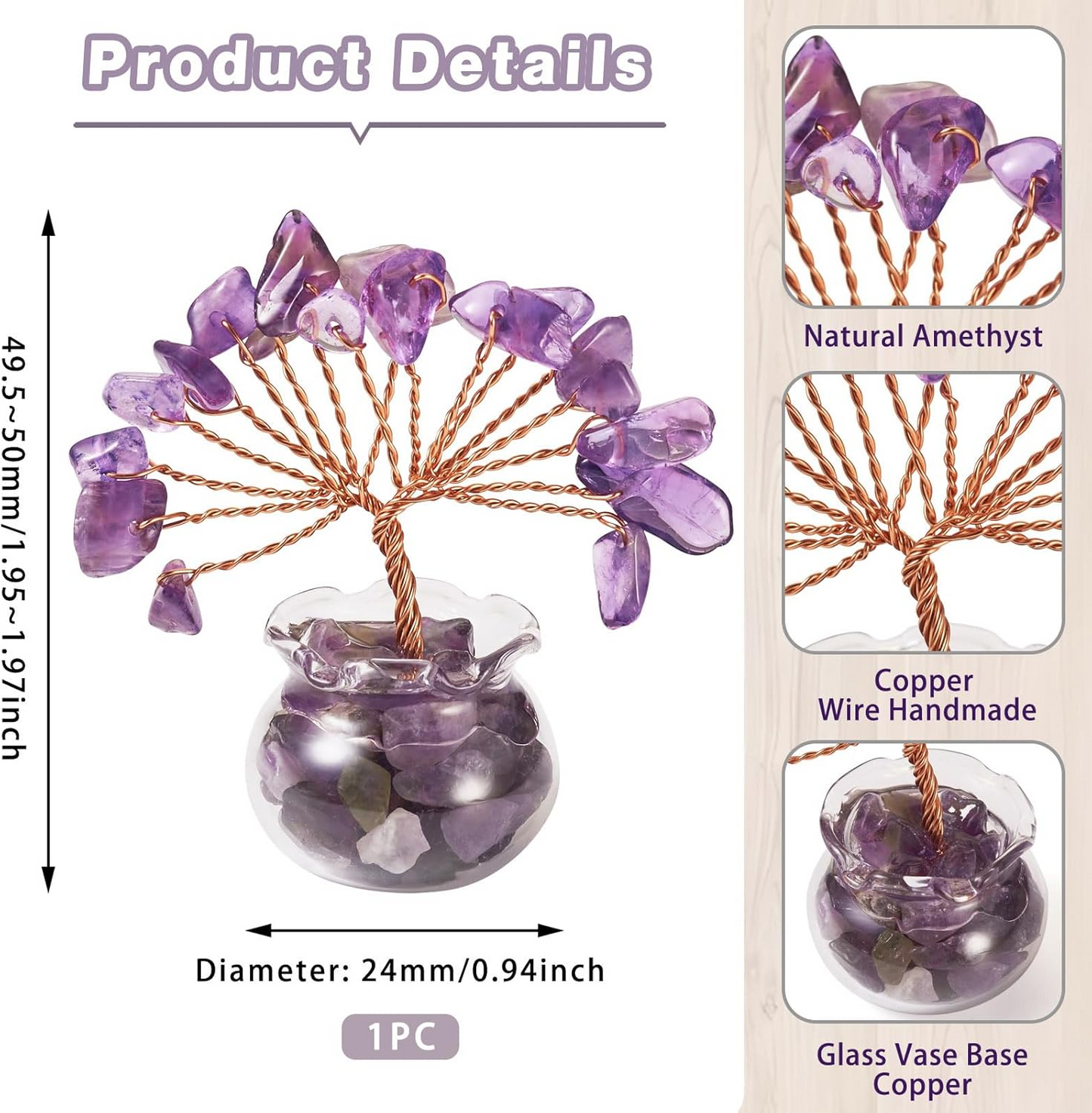 1.95-1.97 Inch Amethyst Natural Crystal Tree Copper Wire Wrapped and Glass Base