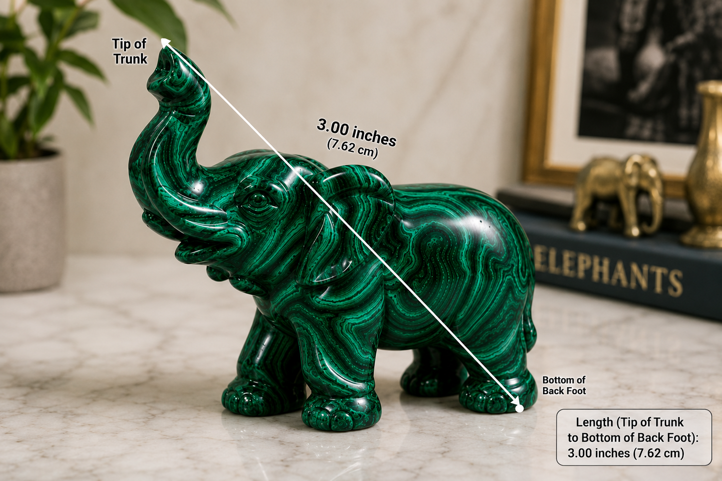 3 Inch Hand-Carved Malachite Elephant Figurine – Natural Green Stone