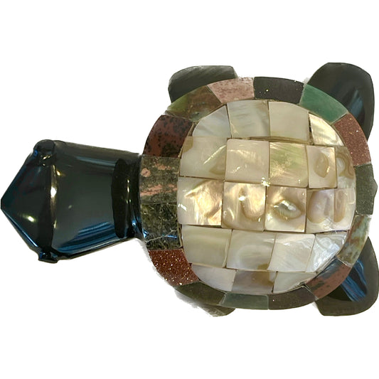 3 1/2 Inches Hand Carved Vintage Black Obsidian Abalone Mother of Pearl Shell Turtle
