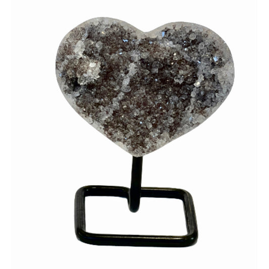 Clustered Crystal 4.5 inch Gray Amethyst Heart on a Metal Stand