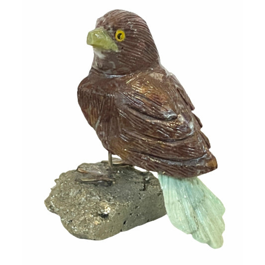 3 Inch Budgerigar made of Red Jasper, Green Chalcedony on Pyrite base