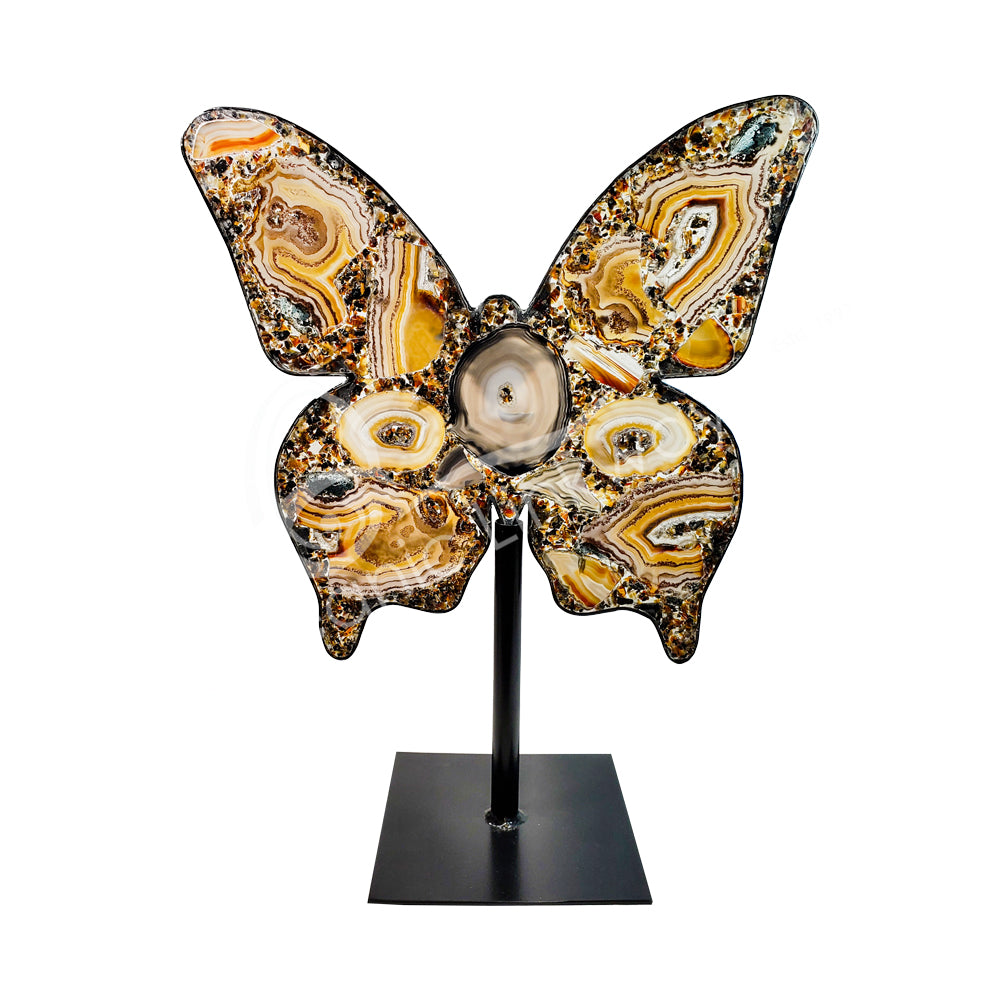Large Natural Brazilian Agate "Butterfly Wings", Metal Stand, 19.25" Tall