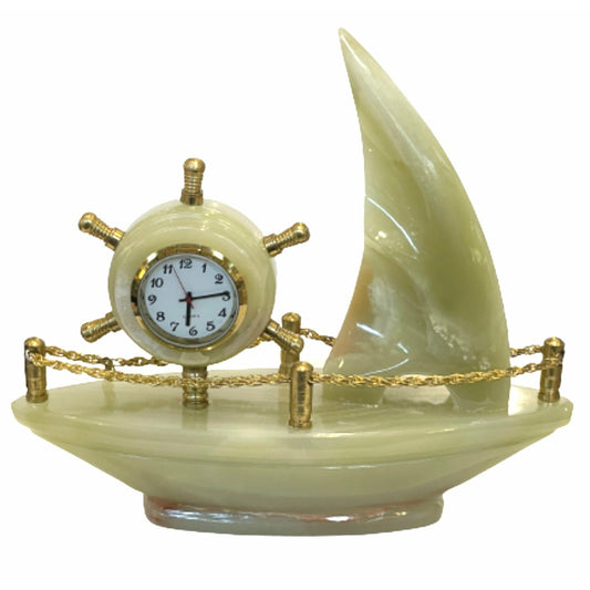 9 Inch Massive Green Onyx High-Quality Sail Boat Clock