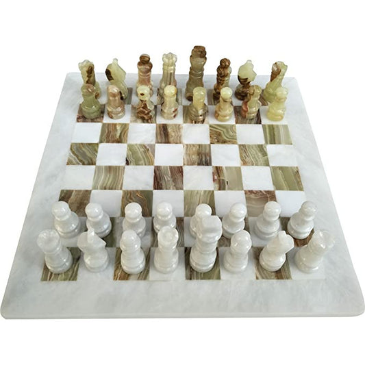 12 Inch White and Massive Green Onyx High-Quality Marble Chess Set