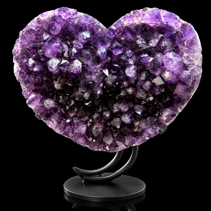Brazilian amethyst heart with red hematite on black stand