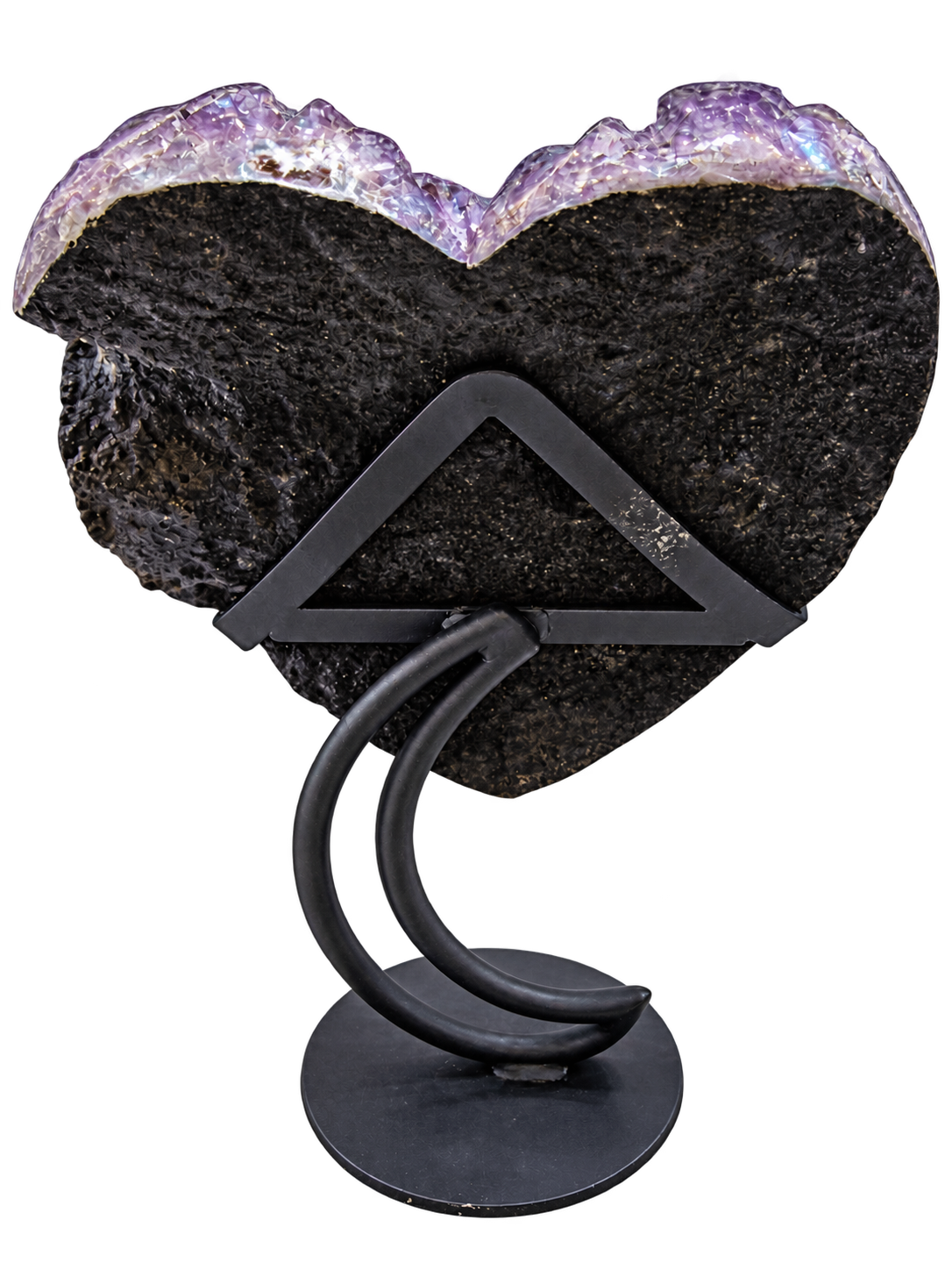 Brazilian amethyst heart on black stand, back view