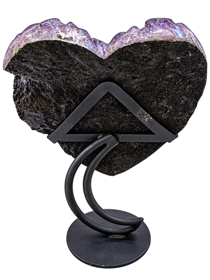 Brazilian amethyst heart on black stand, back view