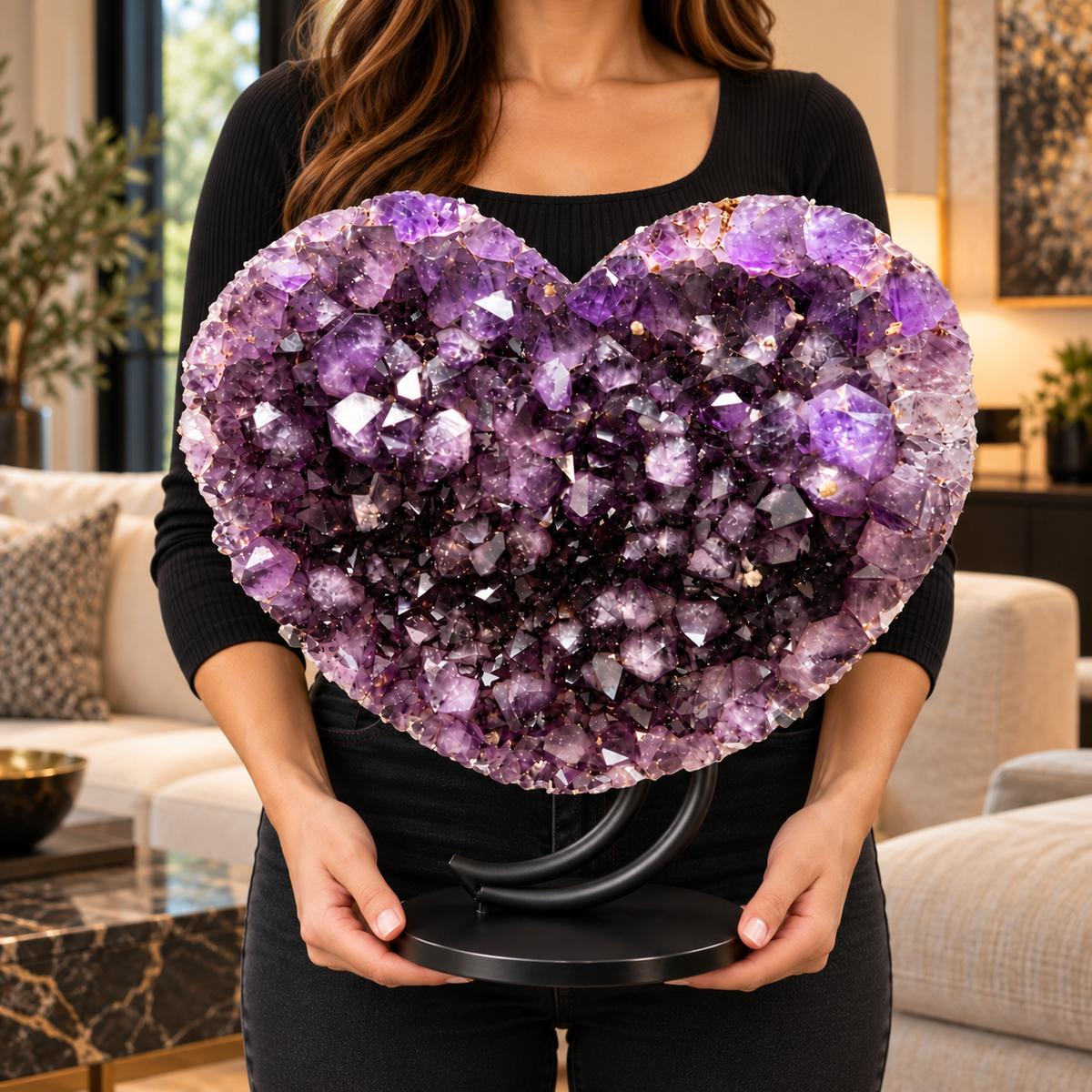 Brazilian Amethyst Heart with Red Hematite on Stand
