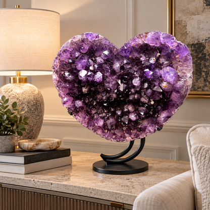 Brazilian Amethyst Heart with Red Hematite on Stand