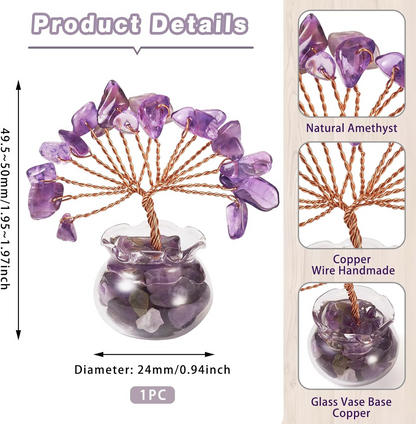1.95-1.97 Inch Amethyst Natural Crystal Tree Copper Wire Wrapped and Glass Base