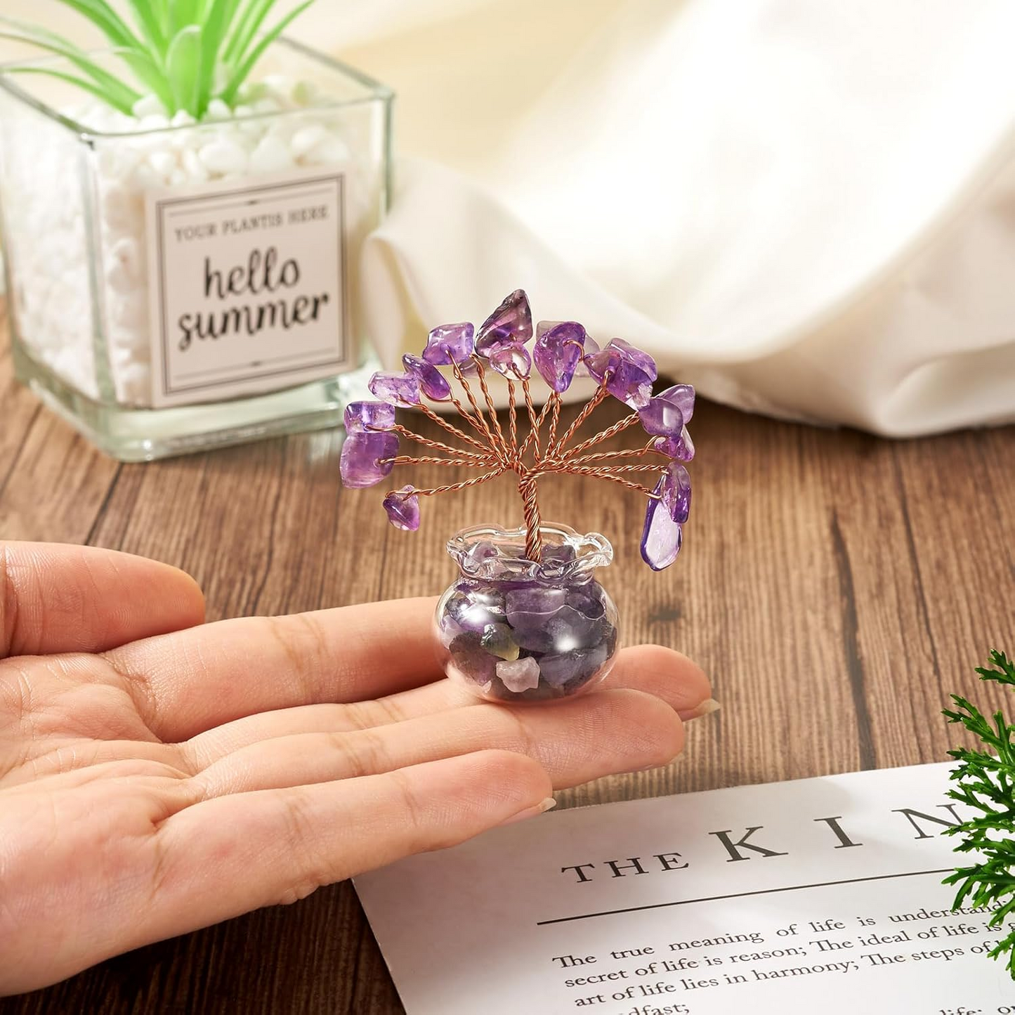 1.95-1.97 Inch Amethyst Natural Crystal Tree Copper Wire Wrapped and Glass Base