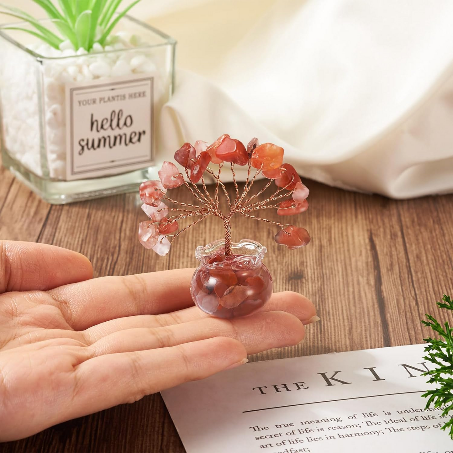 1.95-1.97 Inch Carnelian Natural Crystal Tree Copper Wire Wrapped and Glass Base
