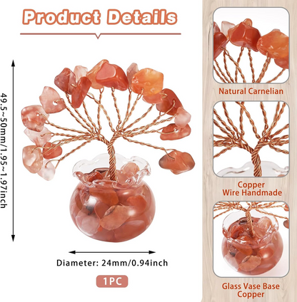 1.95-1.97 Inch Carnelian Natural Crystal Tree Copper Wire Wrapped and Glass Base