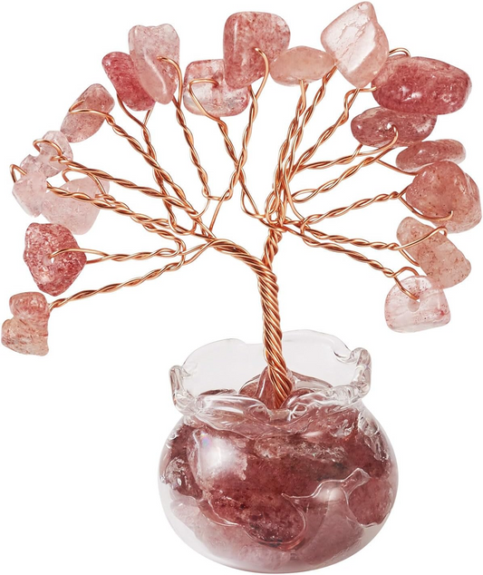 1.95-1.97 Inch Strawberry Quartz Natural Crystal Tree Copper Wire Wrapped and Glass Base