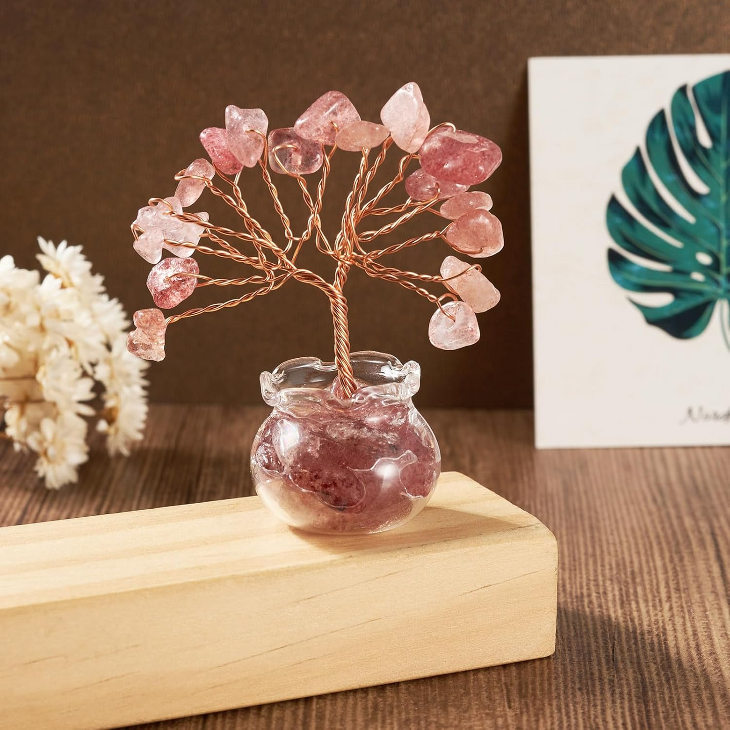 1.95-1.97 Inch Strawberry Quartz Natural Crystal Tree Copper Wire Wrapped and Glass Base