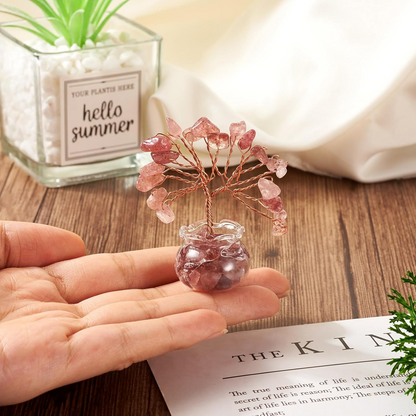 1.95-1.97 Inch Strawberry Quartz Natural Crystal Tree Copper Wire Wrapped and Glass Base