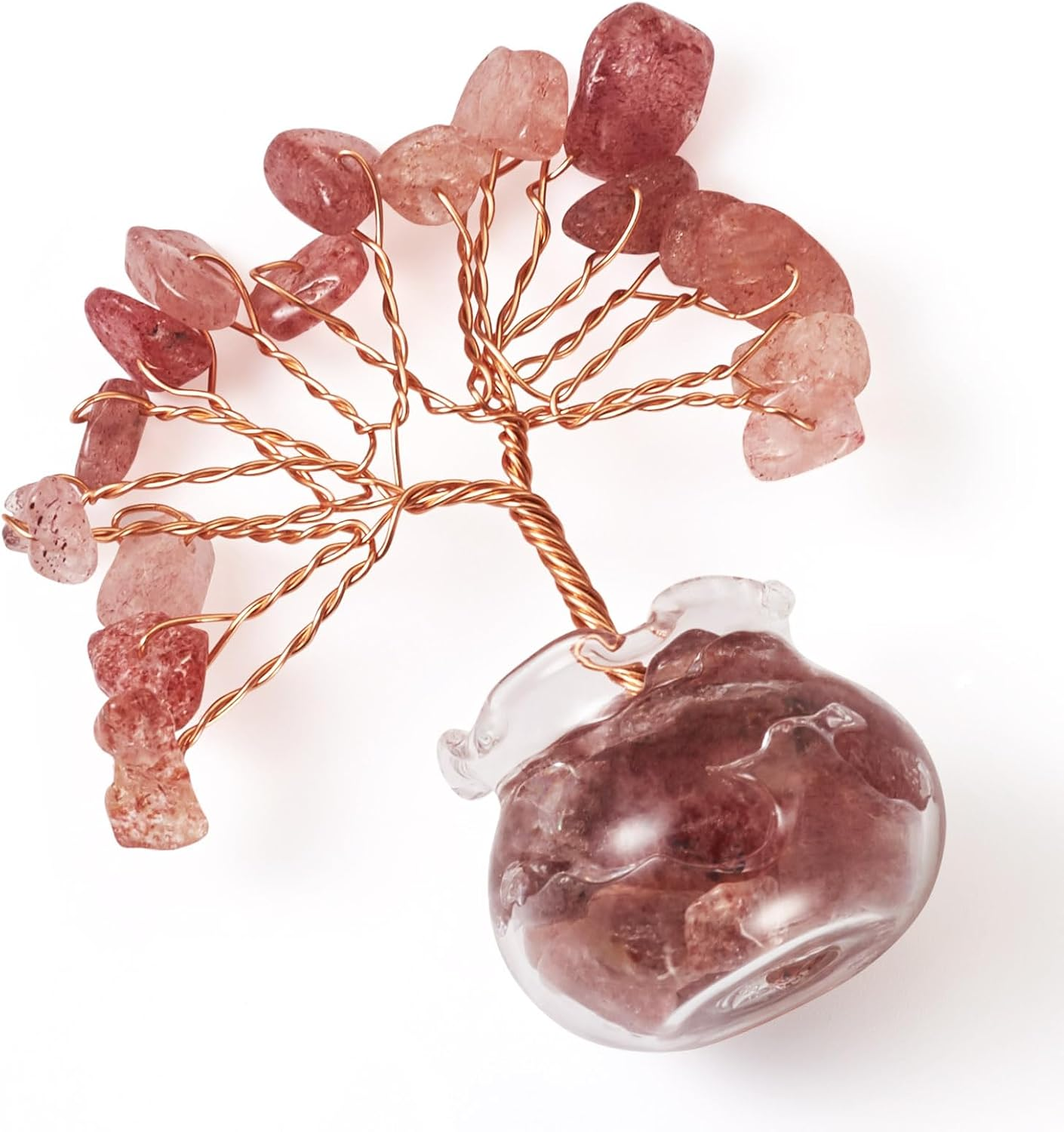1.95-1.97 Inch Strawberry Quartz Natural Crystal Tree Copper Wire Wrapped and Glass Base