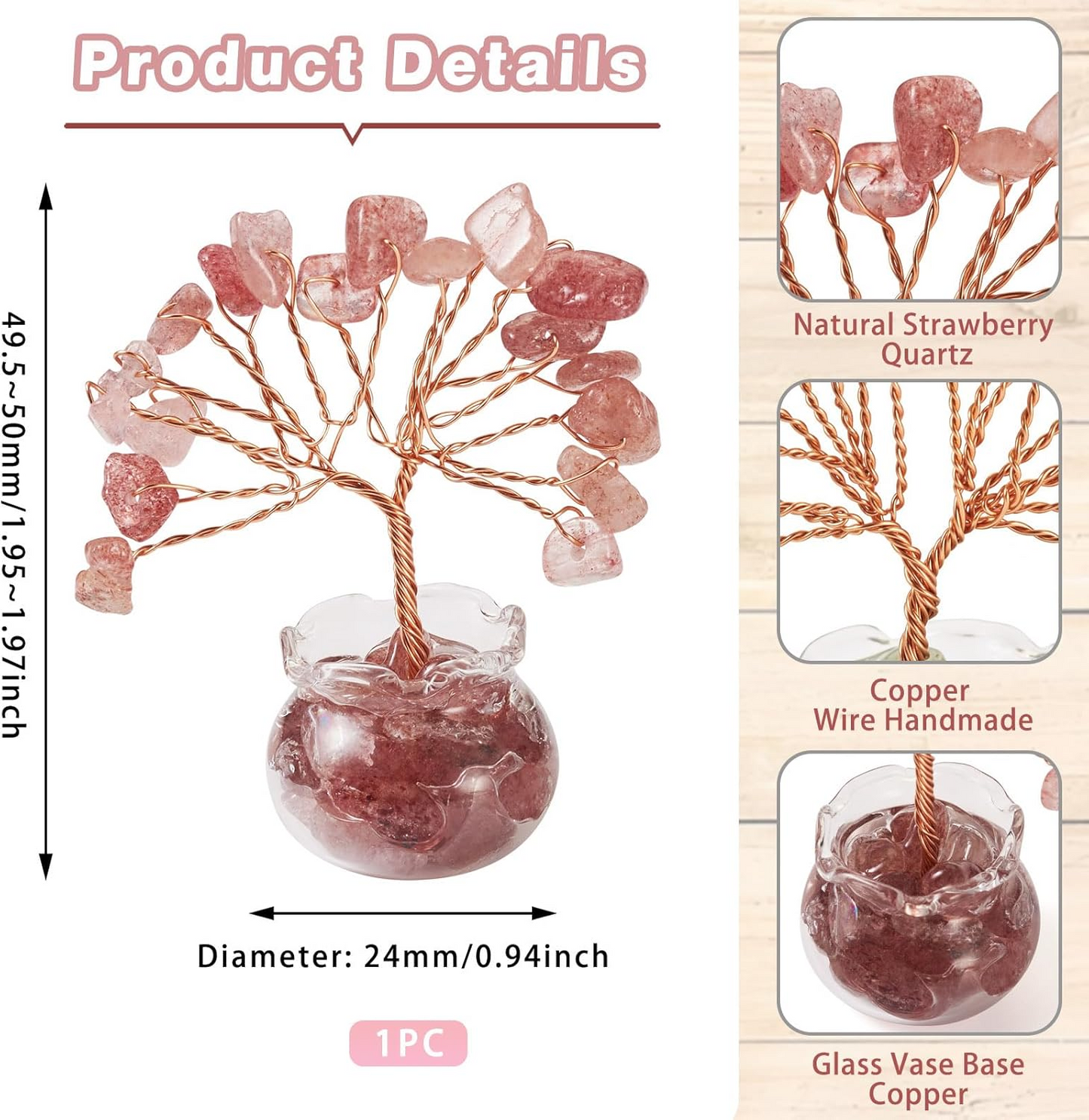 1.95-1.97 Inch Strawberry Quartz Natural Crystal Tree Copper Wire Wrapped and Glass Base