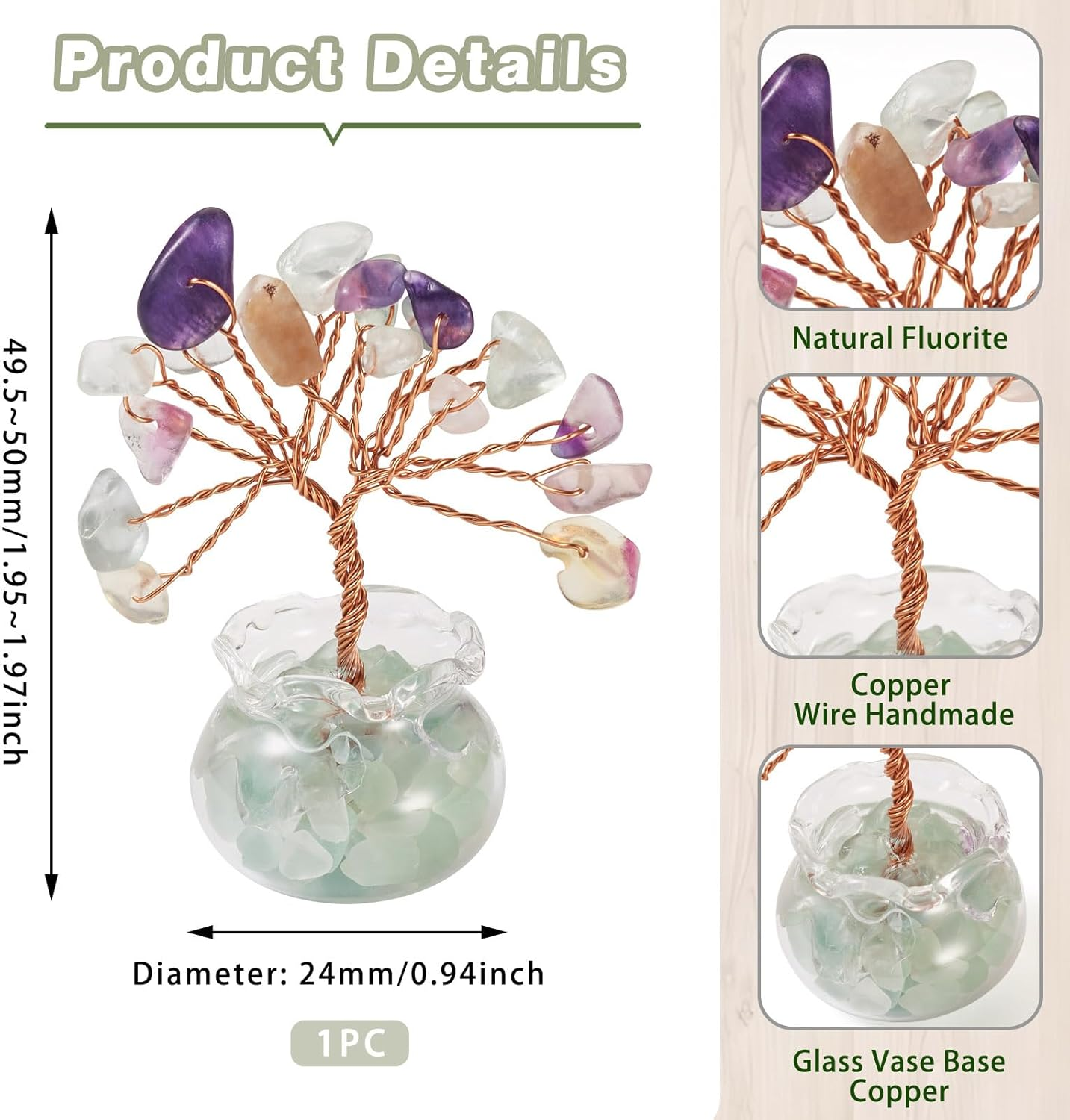 1.95-1.97 Inch Fluorite Natural Crystal Tree Copper Wire Wrapped and Glass Base