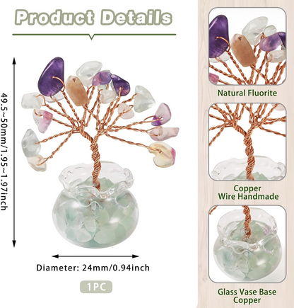 1.95-1.97 Inch Fluorite Natural Crystal Tree Copper Wire Wrapped and Glass Base