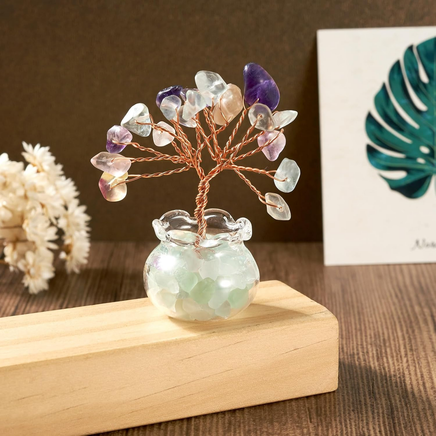 1.95-1.97 Inch Fluorite Natural Crystal Tree Copper Wire Wrapped and Glass Base