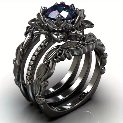 3-Piece Black Lotus Ring Suit with Rainbow Cubic Zirconia