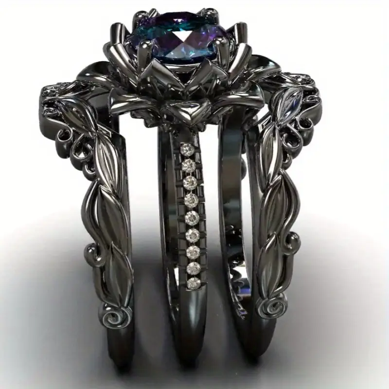 3-Piece Black Lotus Ring Suit with Rainbow Cubic Zirconia