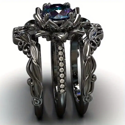 3-Piece Black Lotus Ring Suit with Rainbow Cubic Zirconia