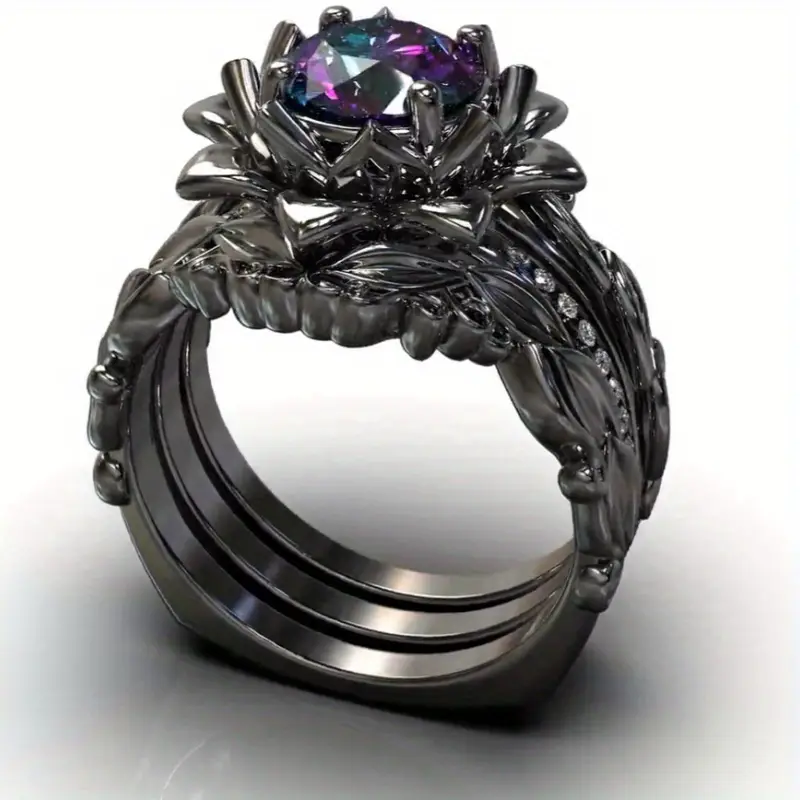3-Piece Black Lotus Ring Suit with Rainbow Cubic Zirconia