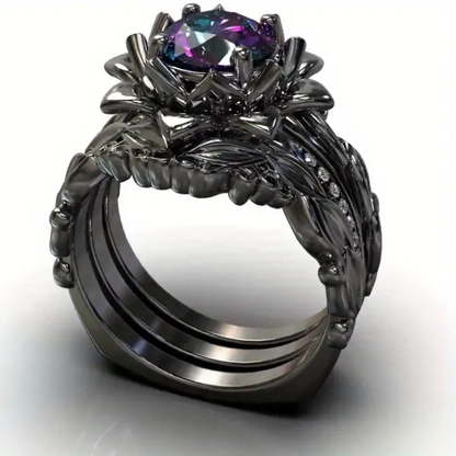 3-Piece Black Lotus Ring Suit with Rainbow Cubic Zirconia