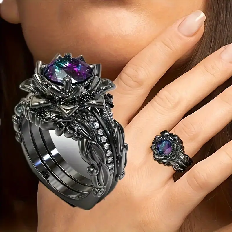 3-Piece Black Lotus Ring Suit with Rainbow Cubic Zirconia
