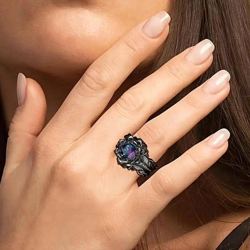 3-Piece Black Lotus Ring Suit with Rainbow Cubic Zirconia