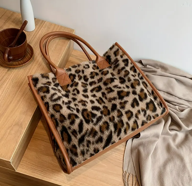 Chic Leopard Print Plush Tote Bag for Women
