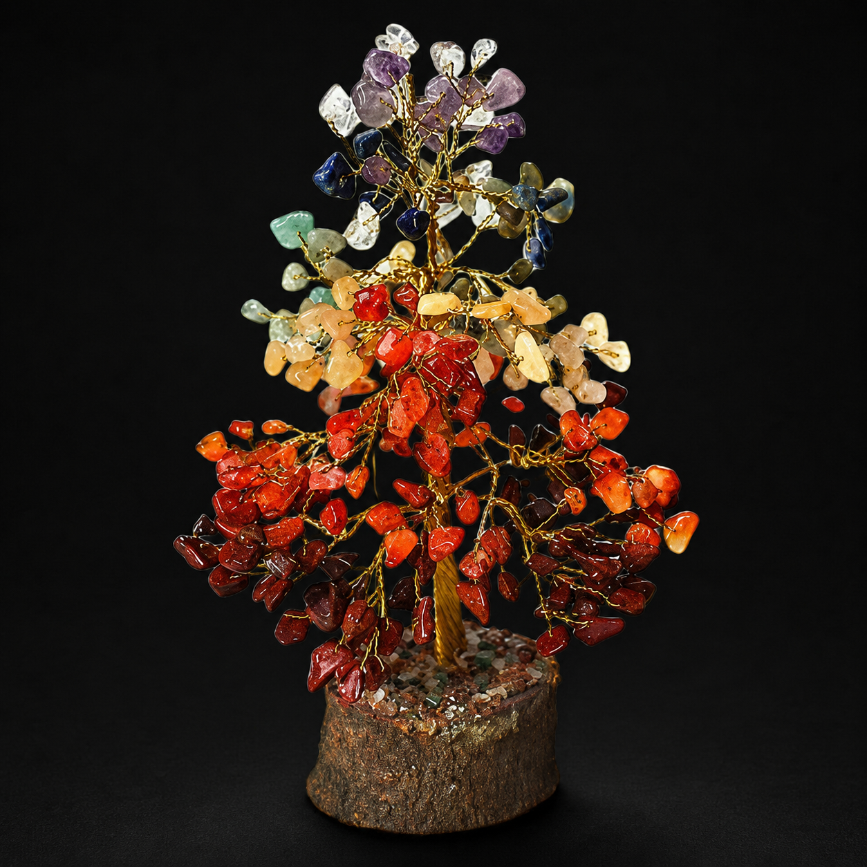 Handmade Seven Chakra Gemstone Tree on Natural Wood Base