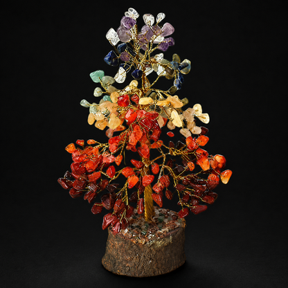 Handmade Seven Chakra Gemstone Tree on Natural Wood Base