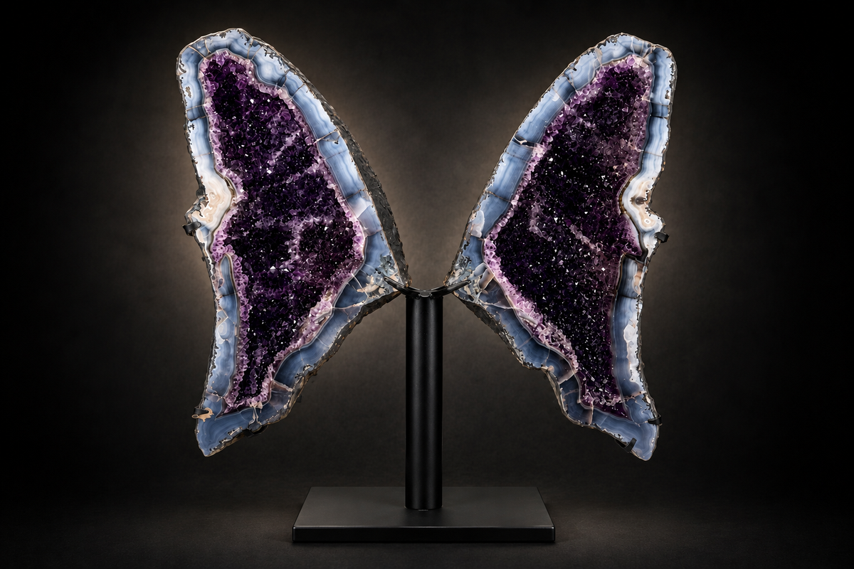 Brazilian Amethyst Geode Butterfly Wings on Metal Stand