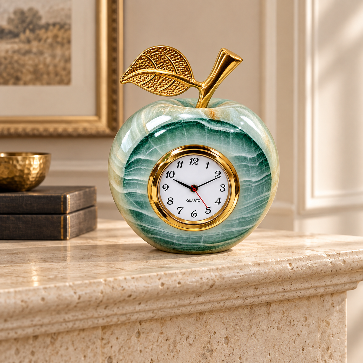 Green onyx apple clock displayed on a stone mantel