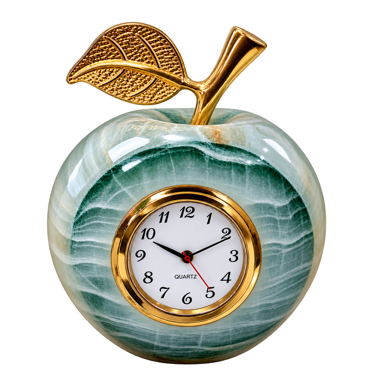 Front view of handcrafted green onyx apple clock