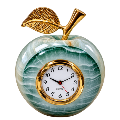 Front view of handcrafted green onyx apple clock