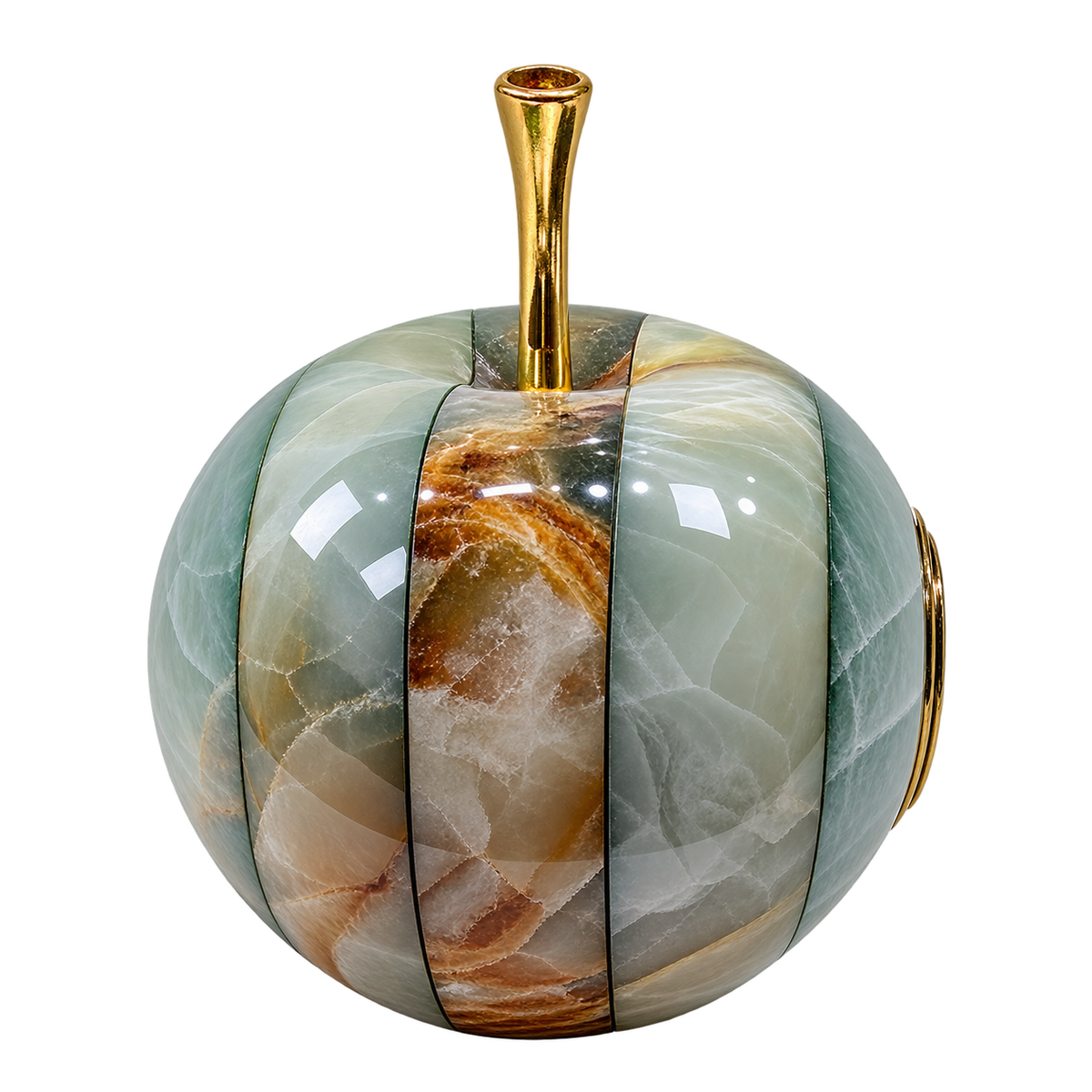 Side view showing the depth and natural pattern of green onyx apple clock