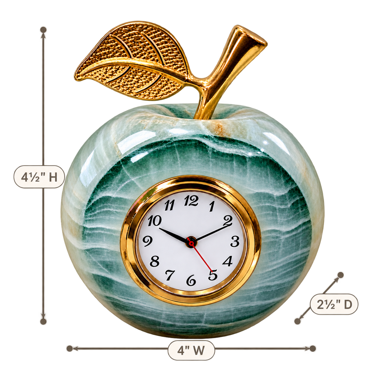 Green onyx apple clock dimensions 4½ inches high by 4 inches wide by 2½ inches deep