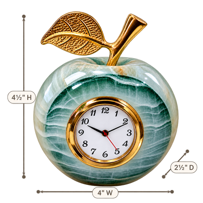 Green onyx apple clock dimensions 4½ inches high by 4 inches wide by 2½ inches deep
