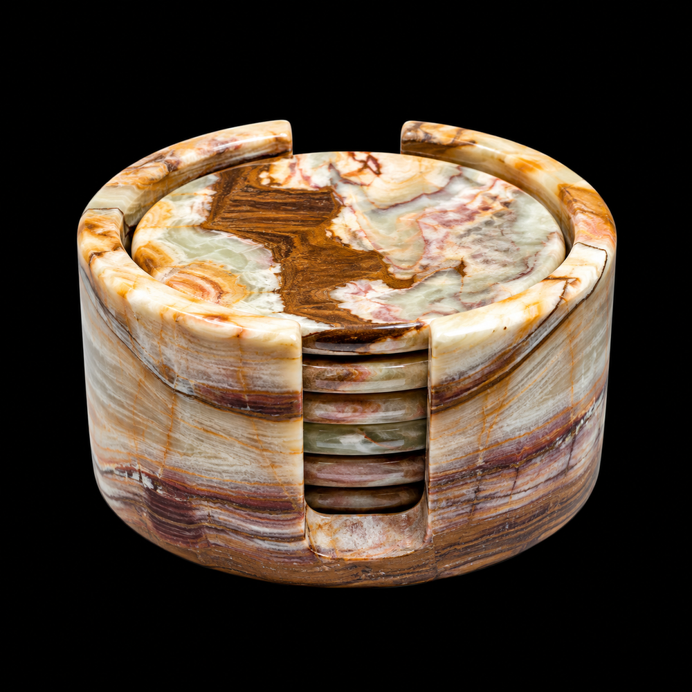 Natural Green Onyx Coaster Set with Holder