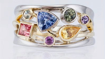 925 SS Multi Stones with 14 K Gold Plated Accent Ring