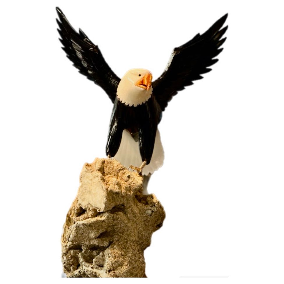 15 inch white and black Marble american Eagle crystal setting on Mica-Pegmatite Matrix with Orange Jasper beak