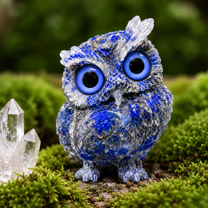 2.5" Natural Lapis Lazuli Crystal Owl Figurine – Handcrafted Macadam Epoxy