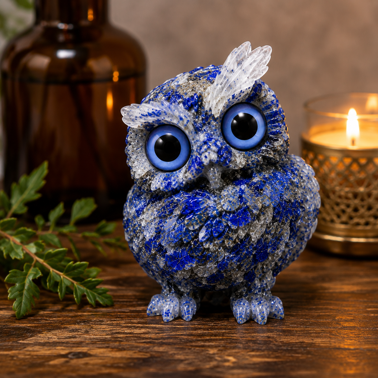 2.5" Natural Lapis Lazuli Crystal Owl Figurine – Handcrafted Macadam Epoxy
