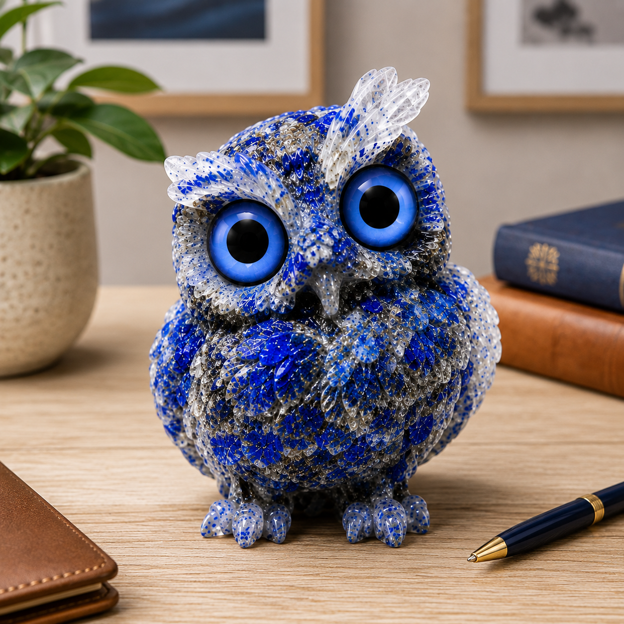 2.5" Natural Lapis Lazuli Crystal Owl Figurine – Handcrafted Macadam Epoxy