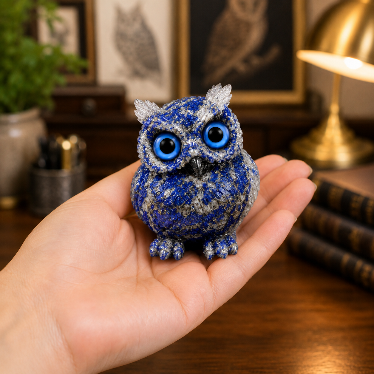 2.5" Natural Lapis Lazuli Crystal Owl Figurine – Handcrafted Macadam Epoxy