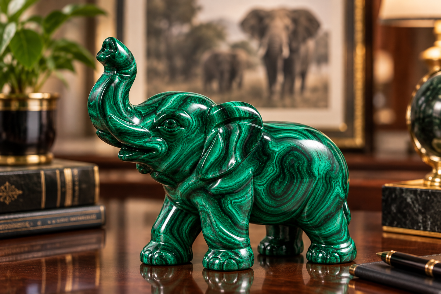 3 Inch Hand-Carved Malachite Elephant Figurine – Natural Green Stone